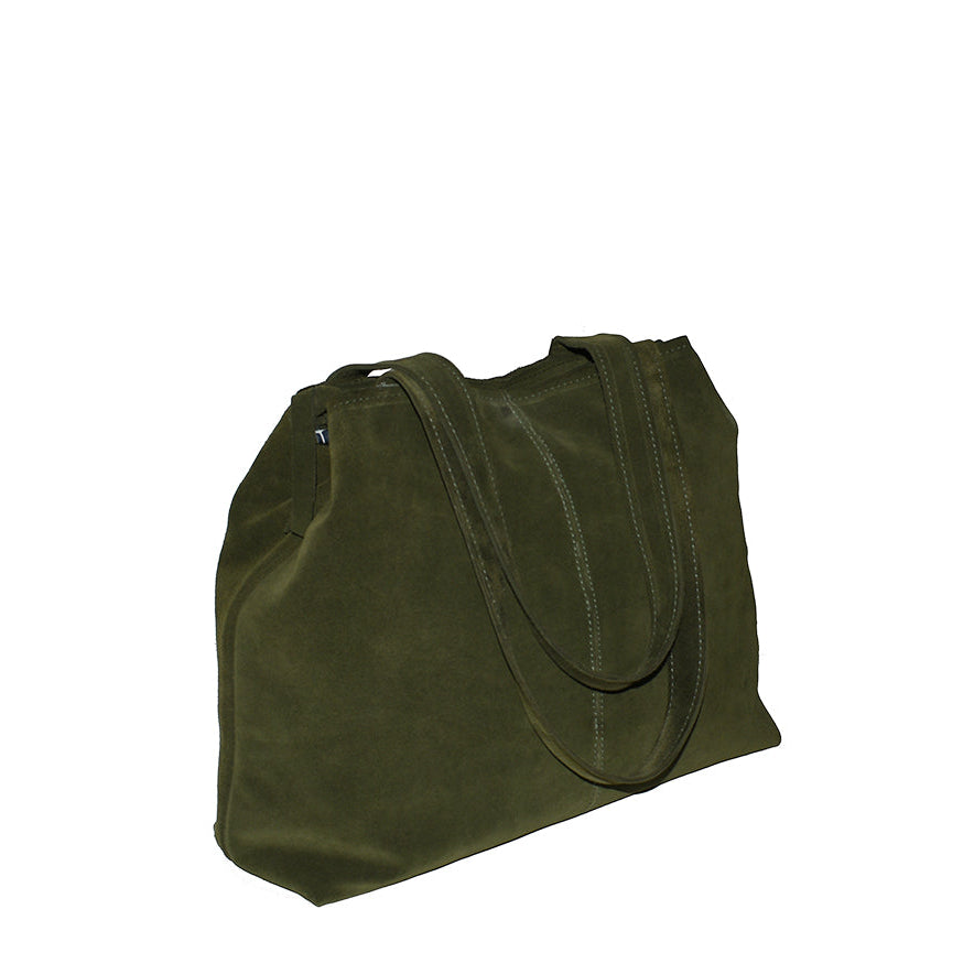 תיק נשיאה מעור זמש ירוק זית גדול בשילוב רצועות תליה על הכתף