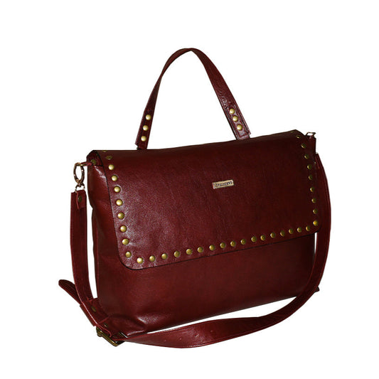 תיק עור בורדו גדול ומחוייט עם ניטים בחזית