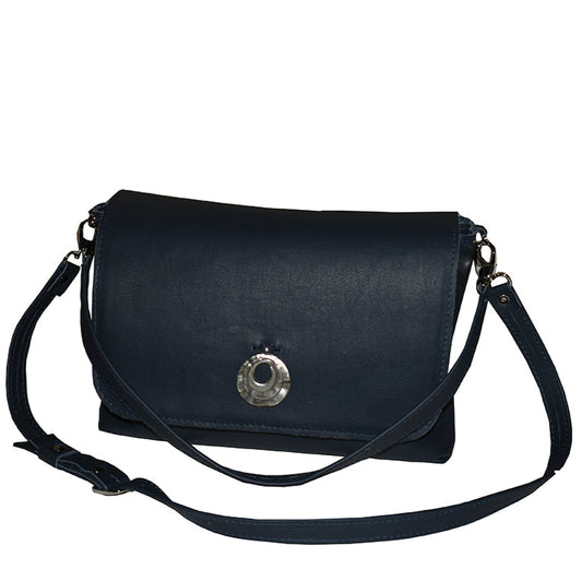 תיק עור כחול נייבי בגודל בינוני לתליה בשתי רצועות קצרה וארוכה, נשלפות