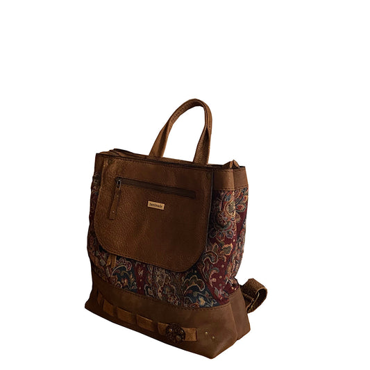 תיק גב גדול יהודית מעור חום אותנטי בשילוב בד ריקמה אתני