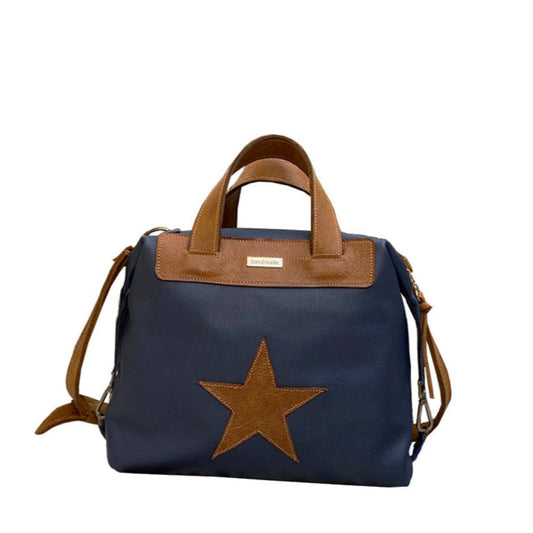 תיק עור כחול נייבי בשילוב עור חום דבש עם כוכב