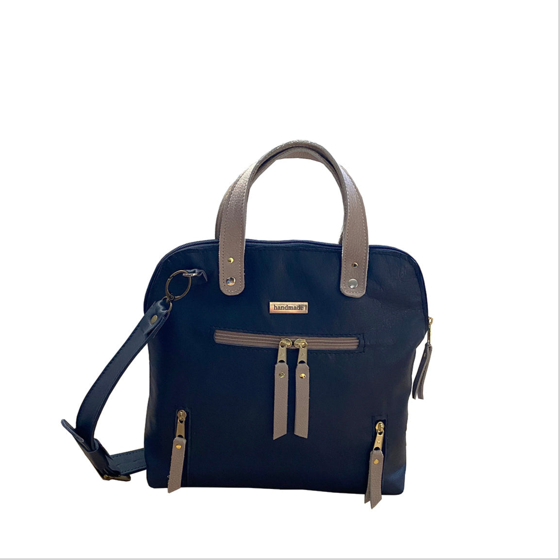 תיק עור איטלקי מחוייט כחול נייבי בשילוב עור קרם