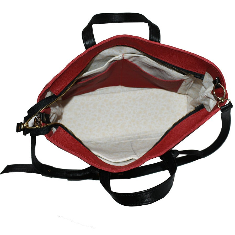 תיק עור אדום גדול בשילוב ידיות מעור שחור עם קשר אופנתי