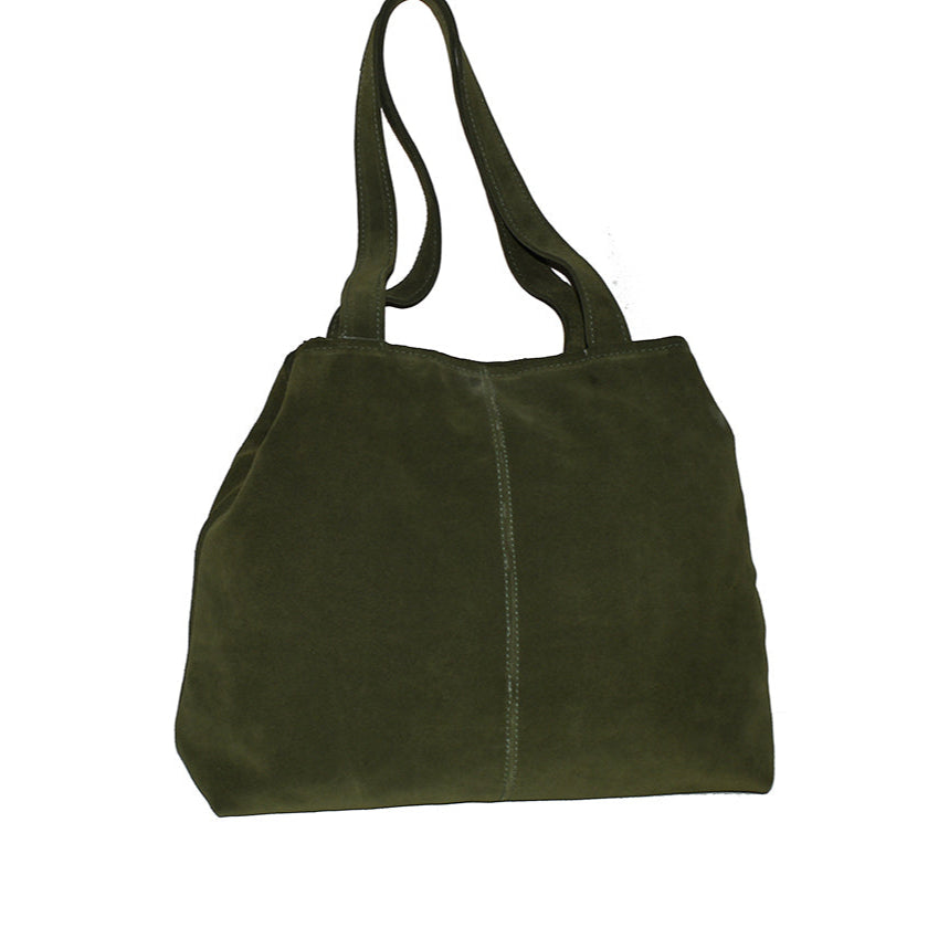 תיק נשיאה מעור זמש ירוק זית גדול בשילוב רצועות תליה על הכתף