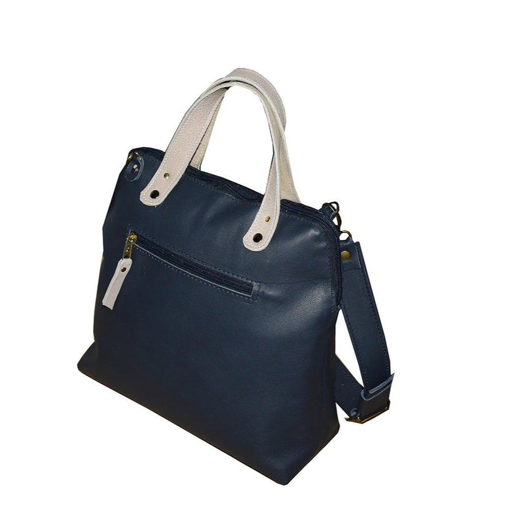 תיק עור איטלקי מחוייט כחול נייבי בשילוב עור קרם