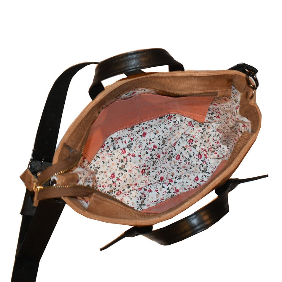 תיק עור חום אפריקה בשילוב ידיות מעור שחור עם קשר