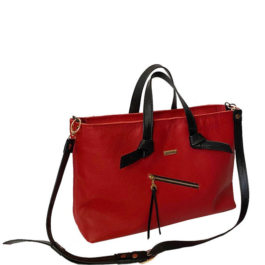 תיק עור אדום גדול בשילוב ידיות מעור שחור עם קשר אופנתי