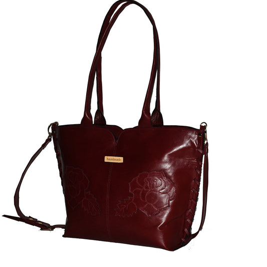 תיק עור איטלקי בורדו עמוק עם הטבעת שושנים