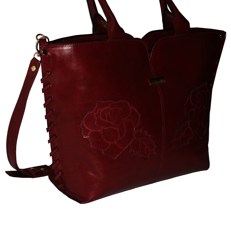 תיק עור איטלקי בורדו עמוק עם הטבעת שושנים