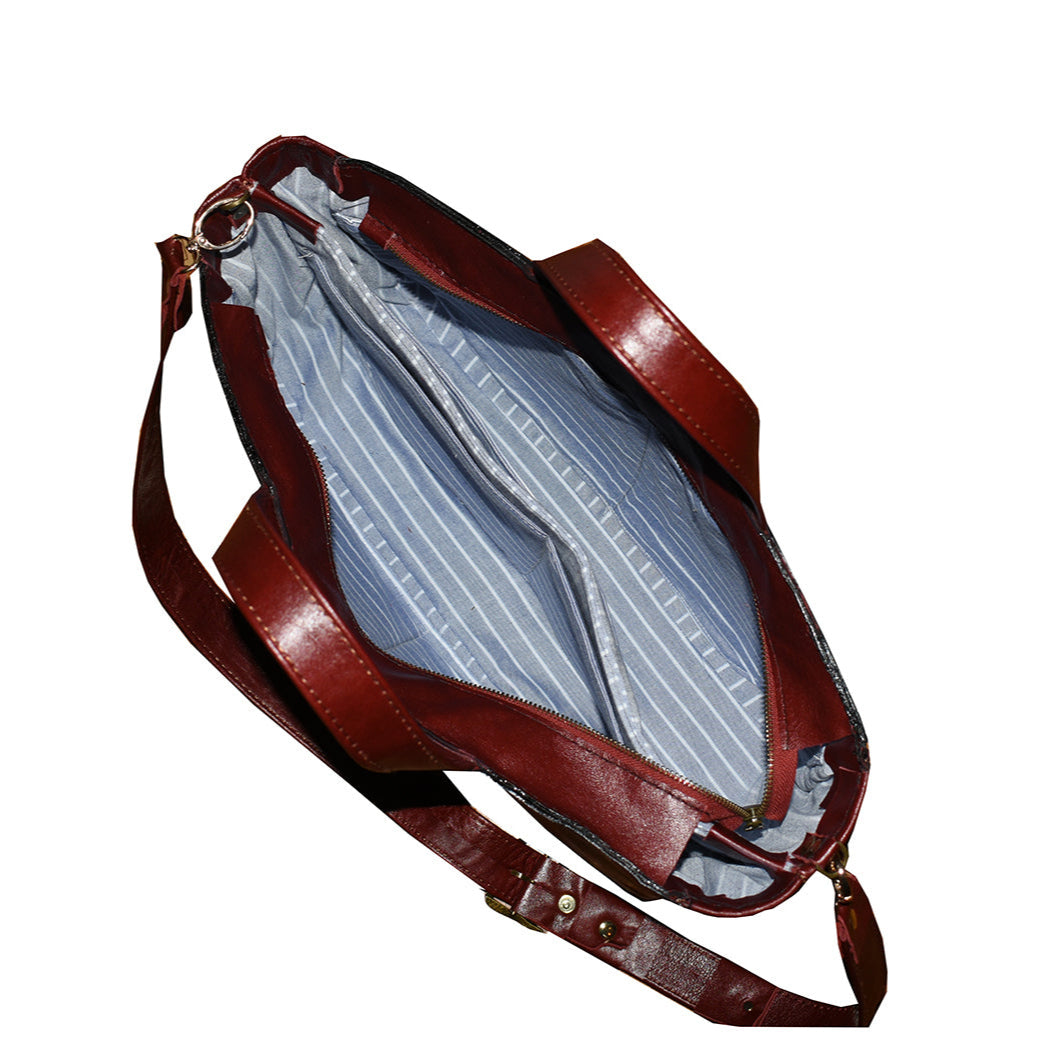 תיק עור גדול לנשים ללפטופ עור בורדו בשילוב עור שחור