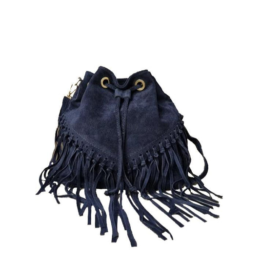 תיק עור זמש כחול נייבי עם פרנזים