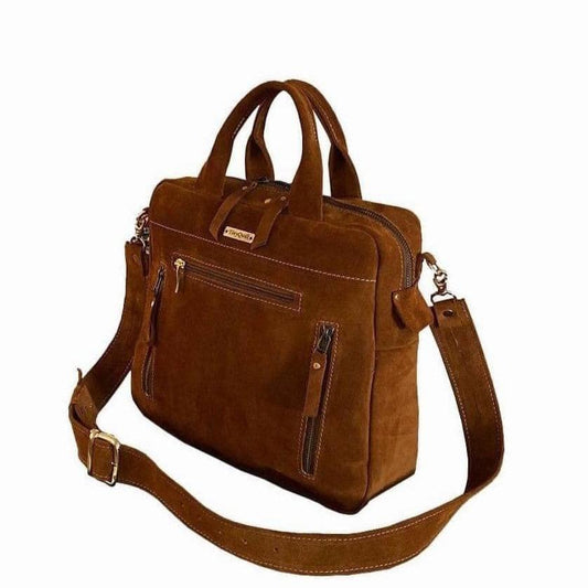 תיק עור זמש בגוון חום דבש רב תאים עם רוכסנים