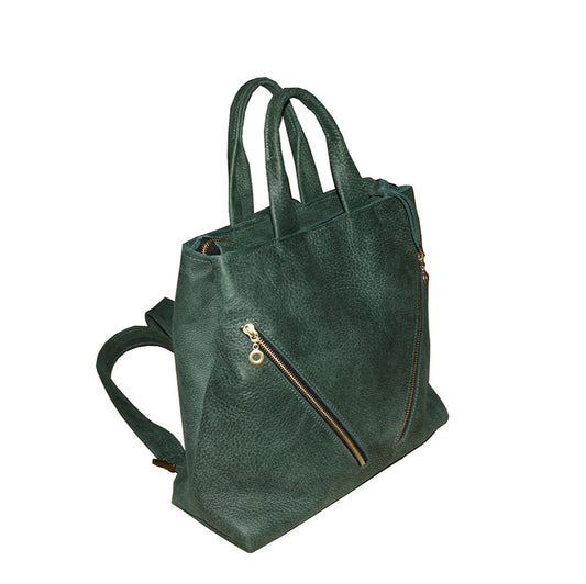 תיק גב מעור ירוק יער עם שני רוכסנים אלכסוניים