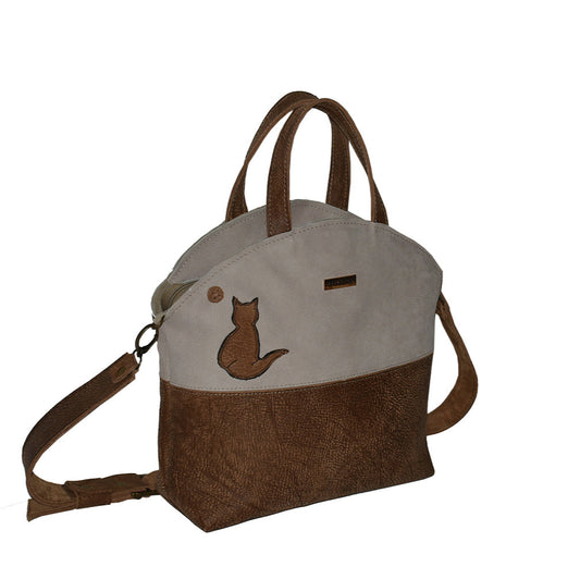 תיק עור אפריקה חום בשילוב עור אפריקה אבן טבעי עם אימג' של חתול