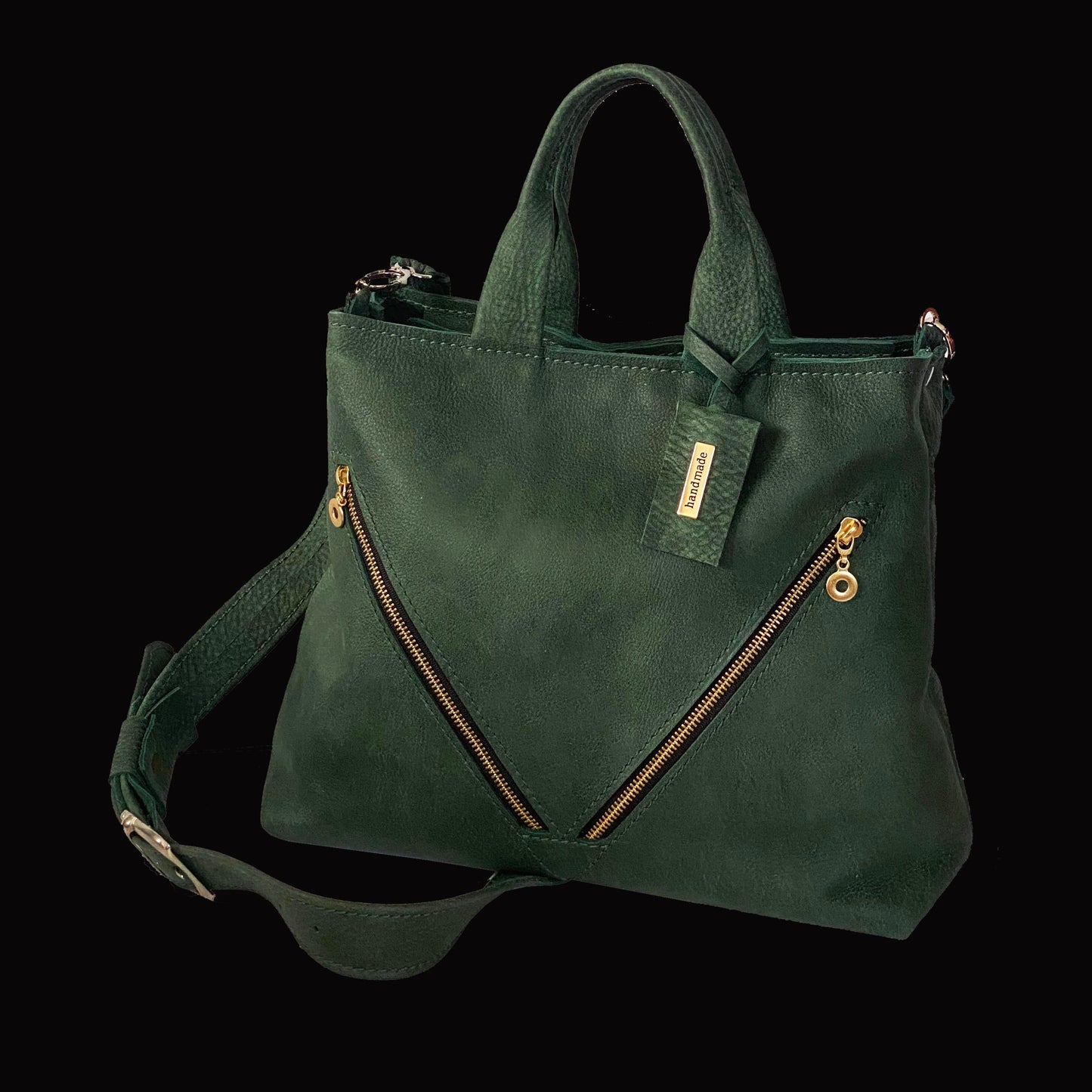 תיק יד מעור חום שוקו עם רוכסנים אלכסוניים שחור