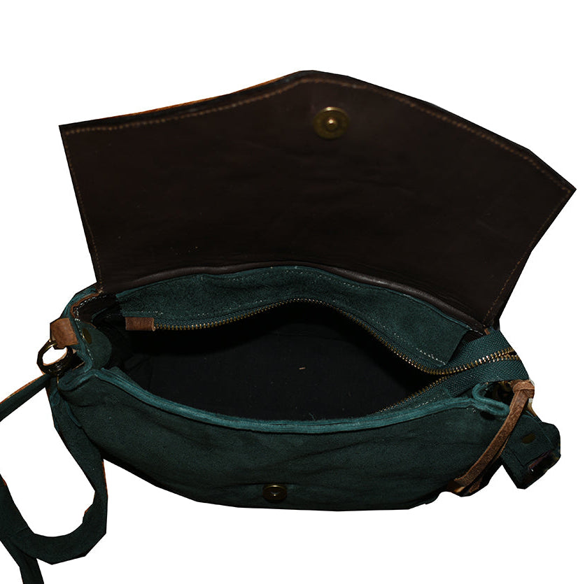 תיק עור זמש ירוק יער בשילוב עור חום אפריקה