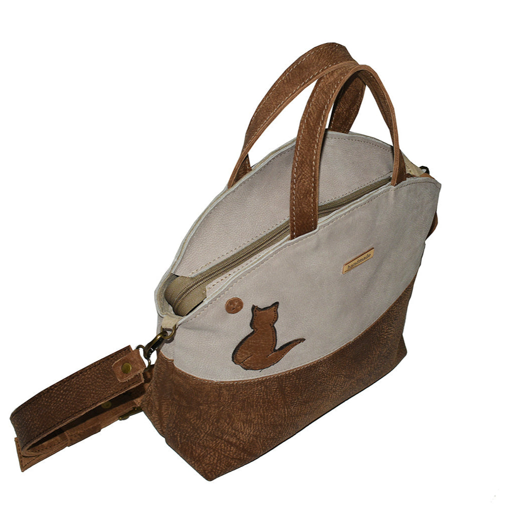 תיק עור אפריקה חום בשילוב עור אפריקה אבן טבעי עם אימג' של חתול