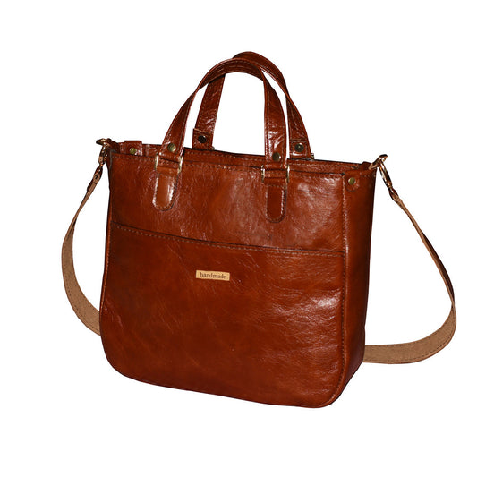 תיק עור חום קוניאק עמוק עם תא בחזית