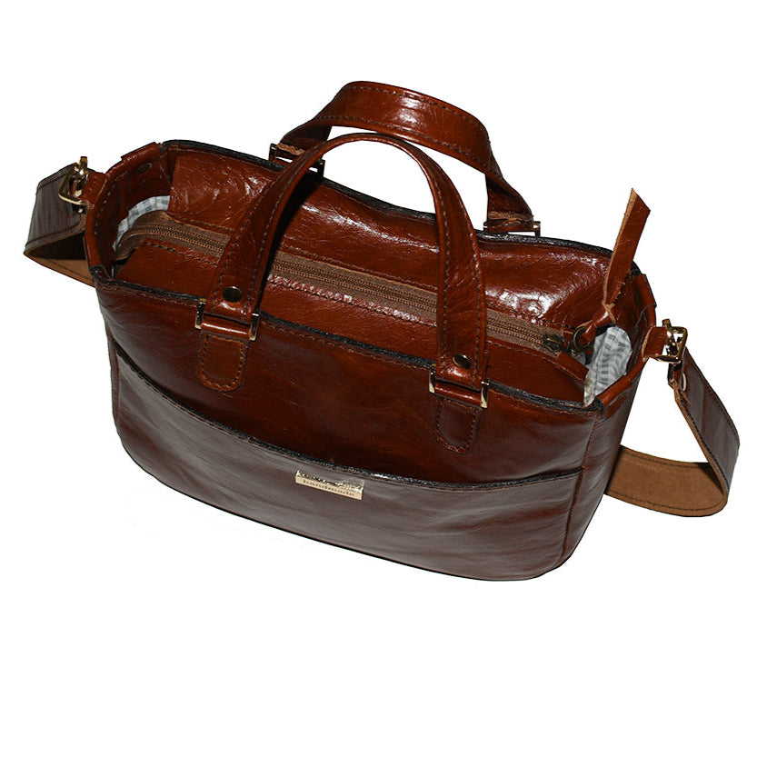 תיק עור חום קוניאק עמוק עם תא בחזית