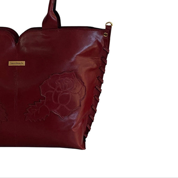 תיק עור איטלקי בורדו עמוק עם הטבעת שושנים