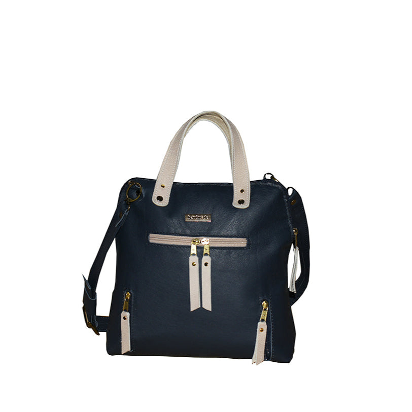 תיק עור איטלקי מחוייט כחול נייבי בשילוב עור קרם