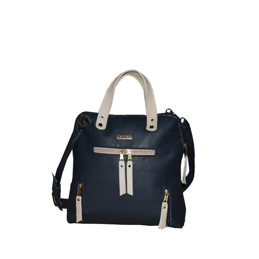 תיק עור איטלקי מחוייט כחול נייבי בשילוב עור קרם