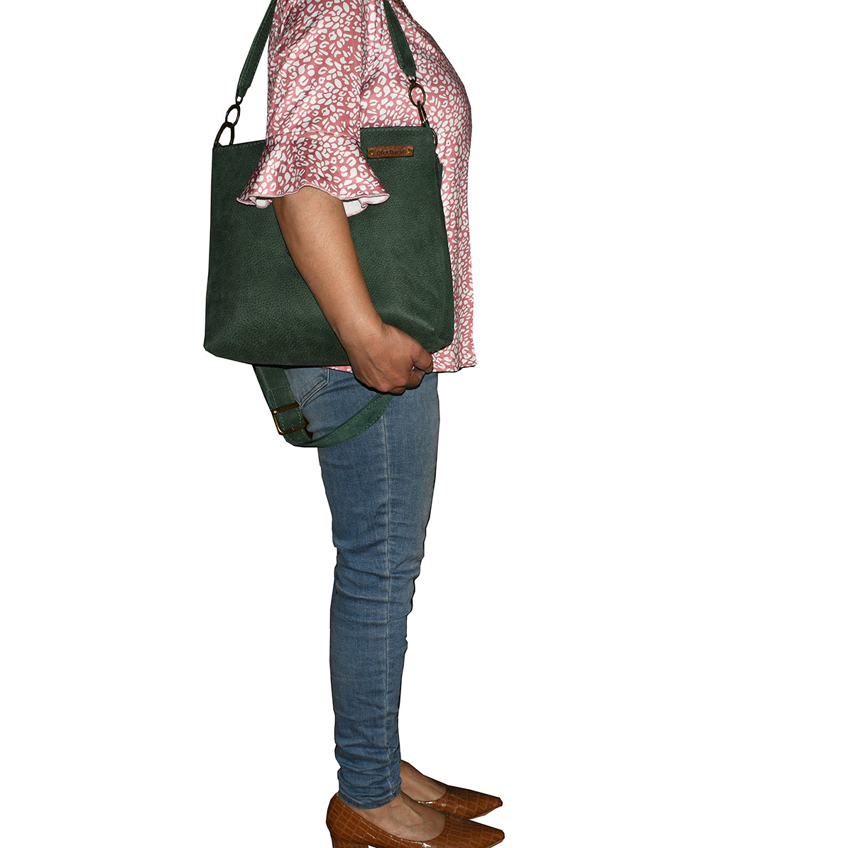 תיק נשיאה מעור ירוק יער מרהיב עם אבזם בחזית למראה אופנתי