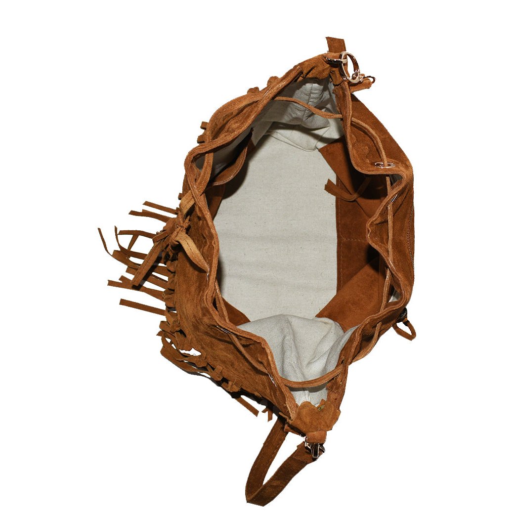 תיק עור זמש חום דבש עם פרנזים