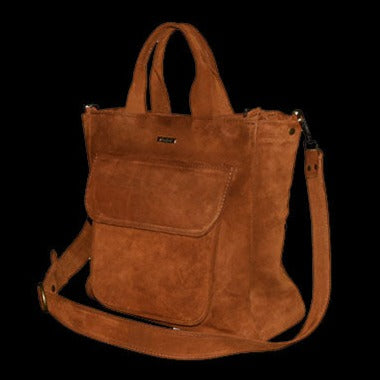 תיק עור זמש חום דבש עם כיס בחזית