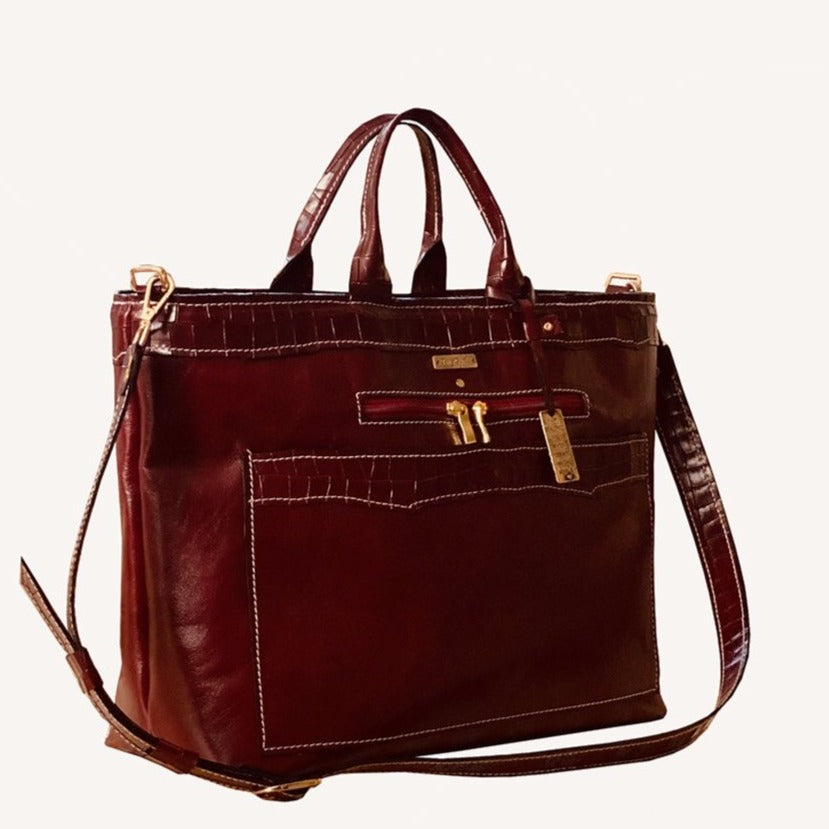 תיק עור שחור גדול בשילוב עור שחור קרוקו