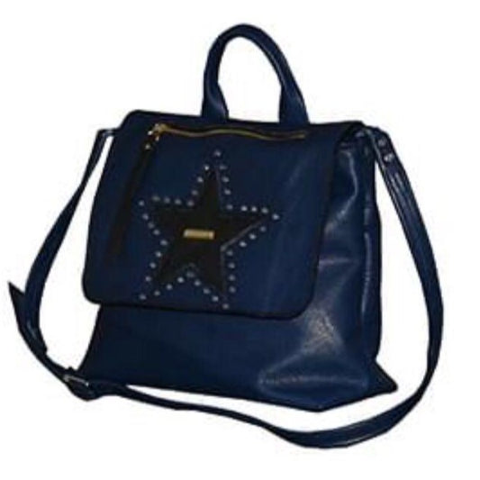 תיק עור איטלקי כחול עם כוכב שחור מוקף בניטים