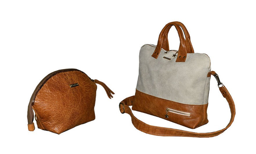 תיק עור חום דבש בשילוב עור בגוון טבעי אפריקה