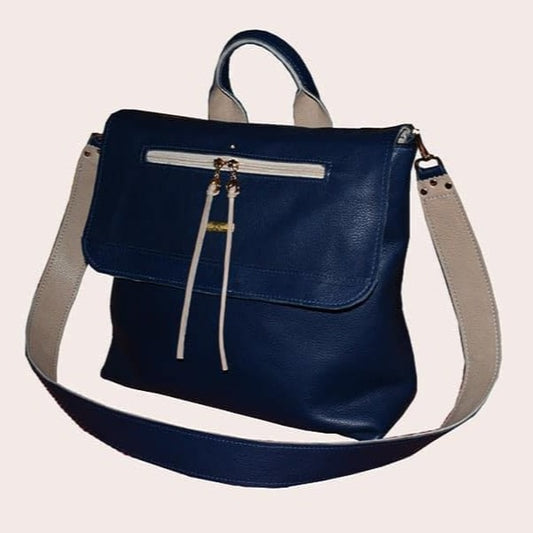 תיק עור איטלקי  כחול בשילוב בז'