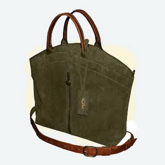 תיק יד מעור זמש איטלקי ירוק זית עם שוליים מעוגלים