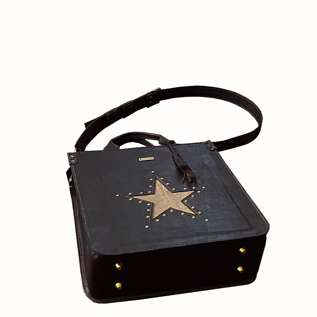 תיק עור איטלקי חום עם כוכב - קשיח