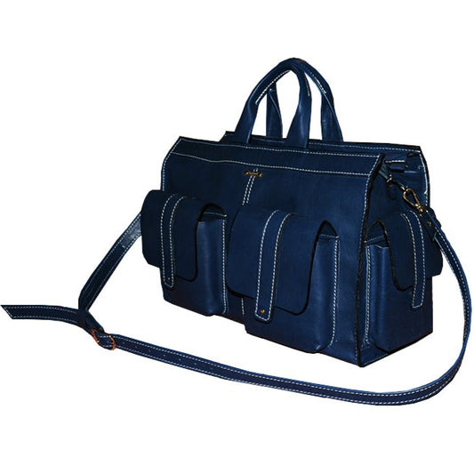 תיק עור כחול כהה מחויט גדול רב-כיסים במראה עיסקי