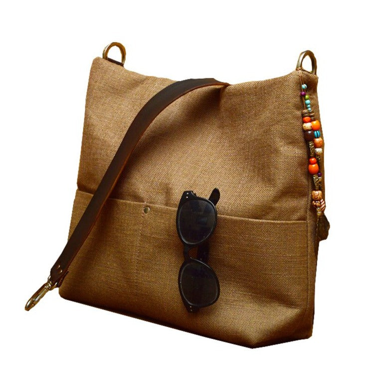 תיק בד ליום יום חום קפה ועור שחור