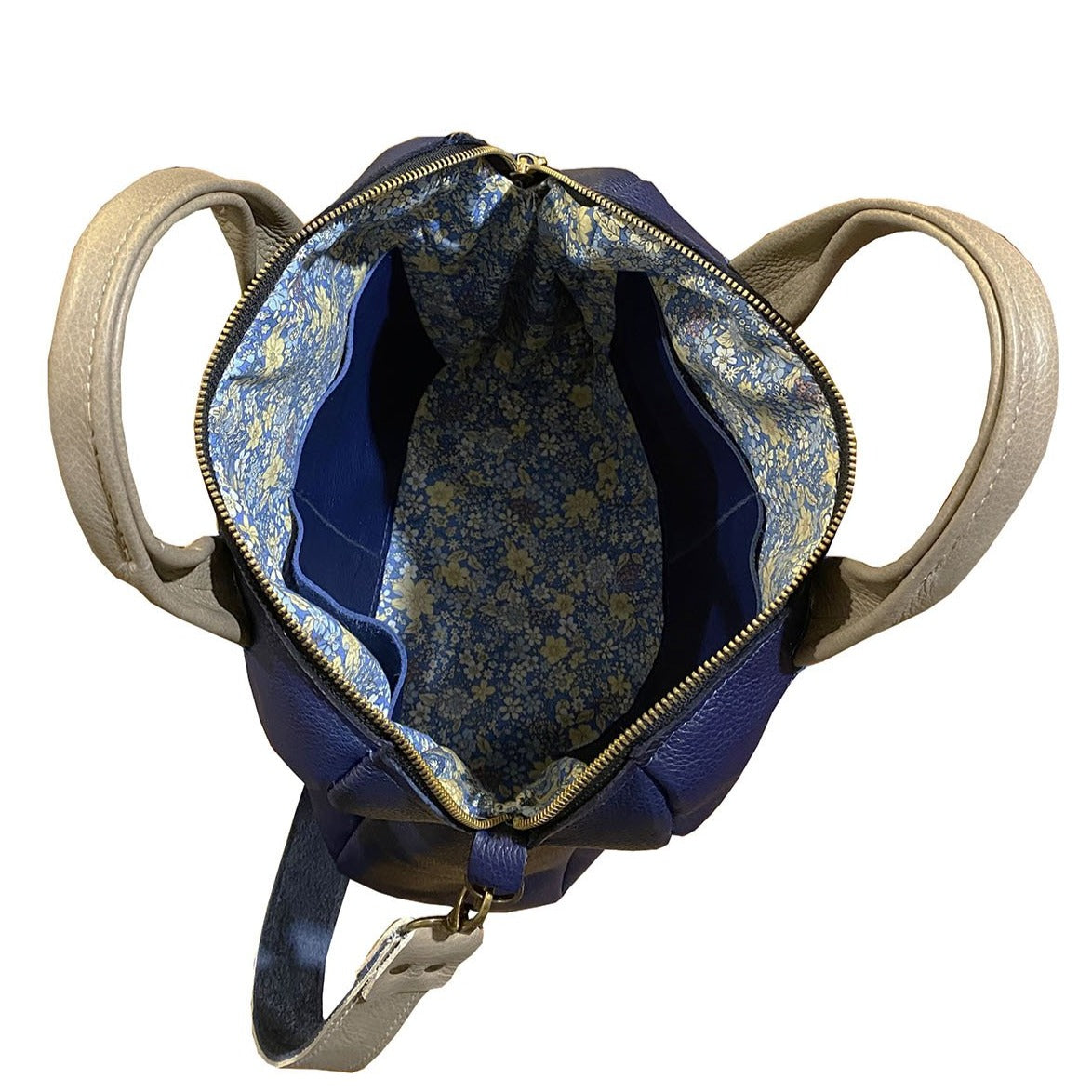 תיק יד עור איטלקי כחול בשילוב קרם אלגנט