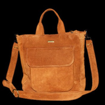 תיק עור זמש חום דבש עם כיס בחזית