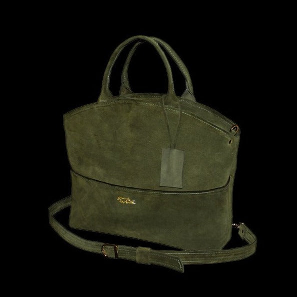 תיק יד מעור זמש איטלקי ירוק זית עם שוליים מעוגלים