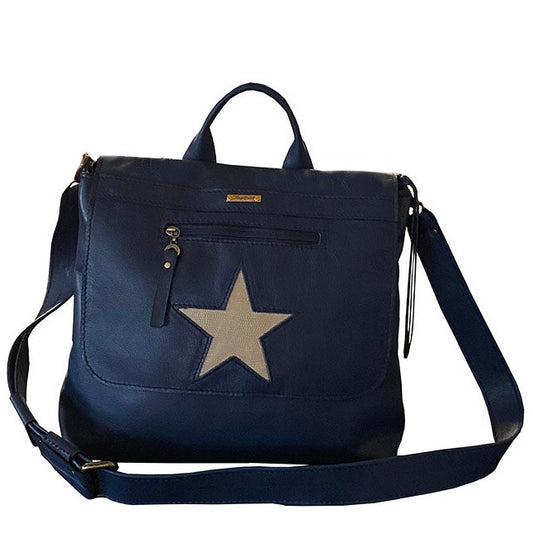 תיק עור איטלקי  כחול נייבי עם כוכב בהיר
