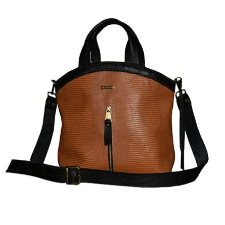 תיק עור איטלקי חום דבש שחור עם הדפס פסים מסוגנן