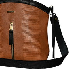 תיק עור איטלקי חום דבש שחור עם הדפס פסים מסוגנן