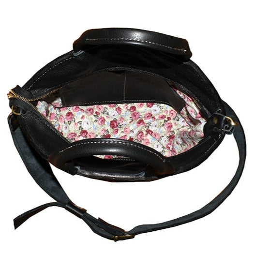 תיק עור איטלקי חום דבש שחור עם הדפס פסים מסוגנן