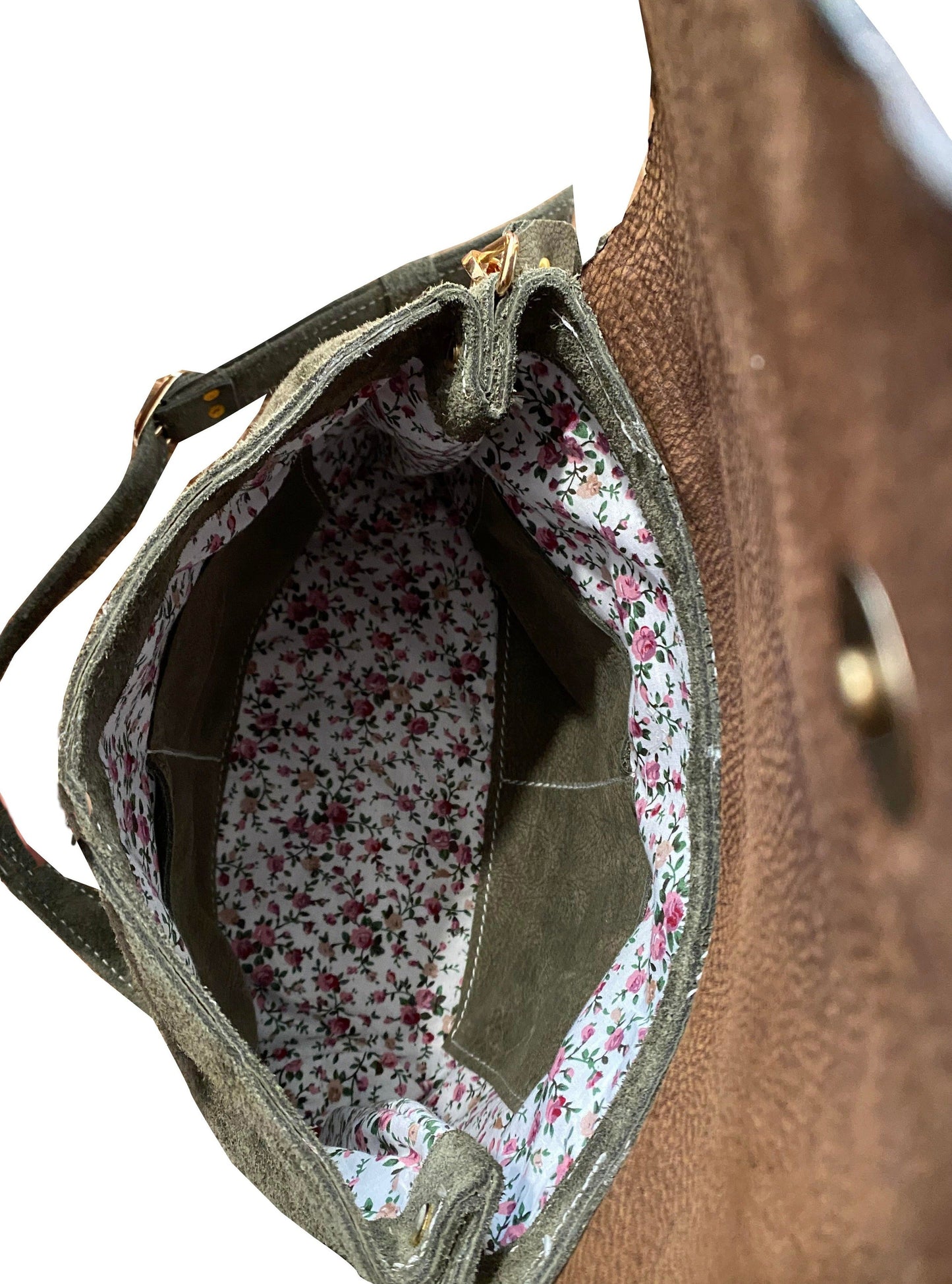 תיק עור הפוך כחול בשילוב חום מעוצב לתליה על הכתף או בהצלבה