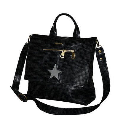 תיק עור איטלקי שחור בהדפס נקודות עם כוכב אפור ורוכסן על הקלאפה