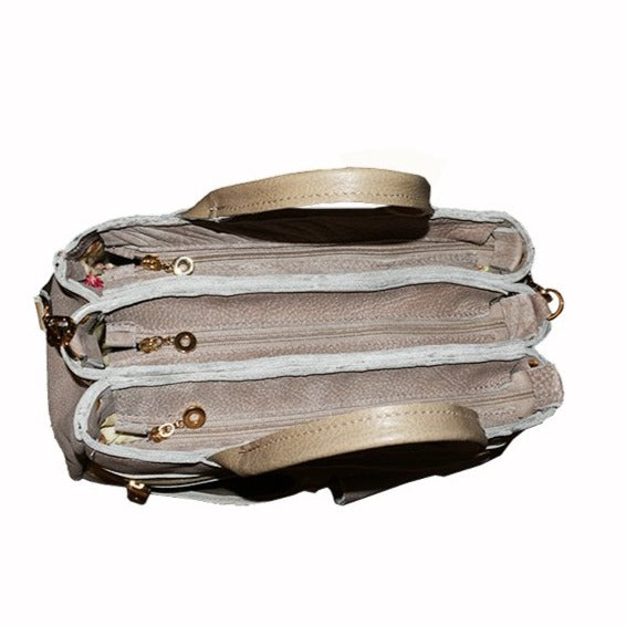 תיק עור איטלקי רב תאים בגוון אבן טבעי בשילוב בז' וחום