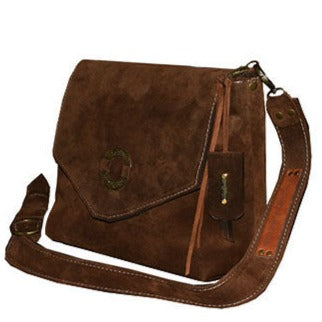 תיק עור הפוך חום אפור עם חישוק מתכת ריקועים לתליה על הכתף