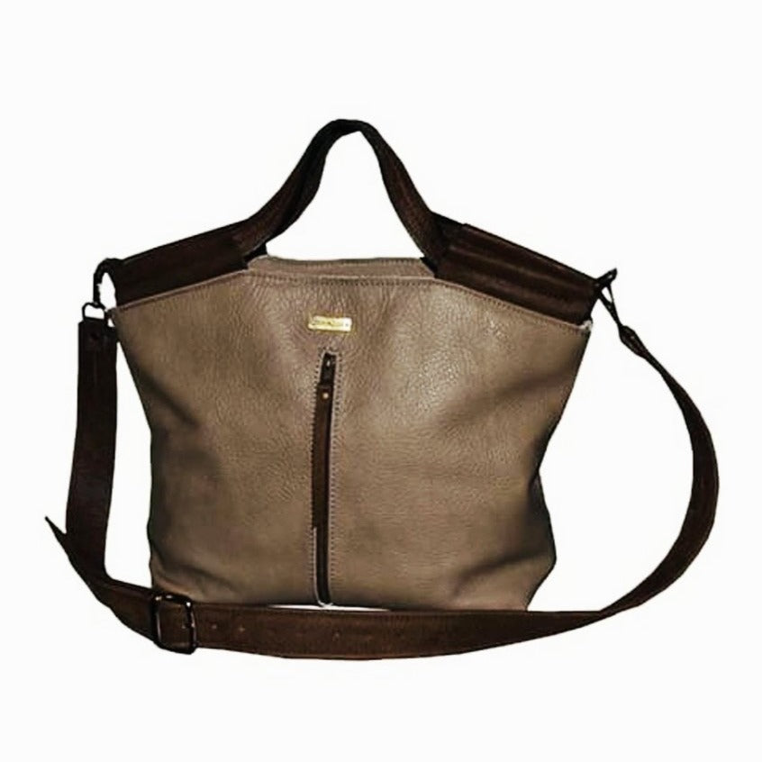 תיק עור איטלקי בז' בשילוב ידיות חום