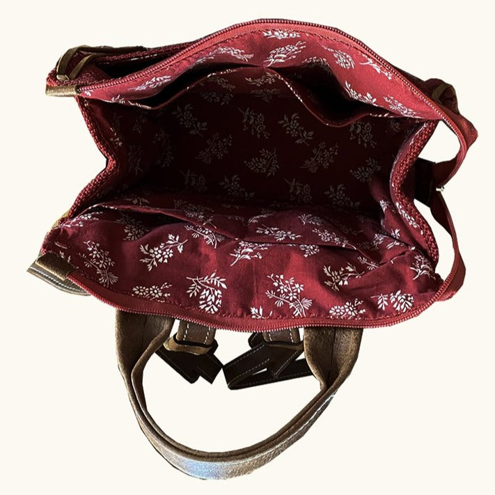 תיק גב מבד טרקוטה בשילוב עור איטלקי חום